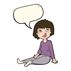 cartoon woman sitting on floor with speech bubble N7