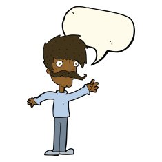 cartoon waving mustache man with speech bubble N8