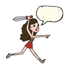 cartoon viking girl with sword speech bubble N3