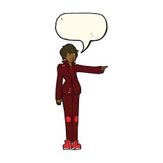 cartoon woman in leather jacket pointing with speech bubble N8