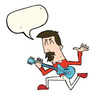 cartoon man playing electric guitar with speech bubble N12