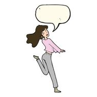 cartoon happy girl kicking out leg with speech bubble N6