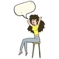 cartoon woman posing on stool with speech bubble N7