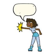 cartoon woman punching with speech bubble N8