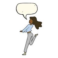 cartoon happy girl kicking out leg with speech bubble N7