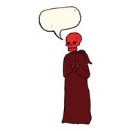 cartoon spooky skeleton in robe with speech bubble N4