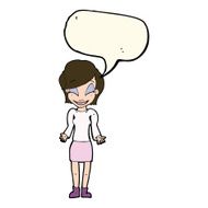 cartoon happy woman shrugging shoulders with speech bubble N15