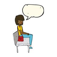 cartoon woman sitting on bench with speech bubble N8