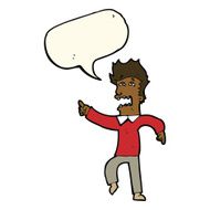 cartoon frightened man pointing with speech bubble N7