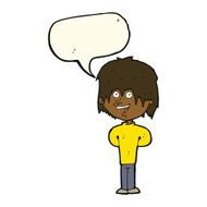 cartoon happy scruffy boy with speech bubble N7