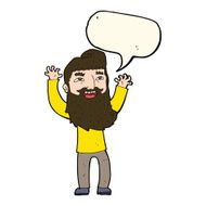 cartoon happy bearded man waving arms with speech bubble N7
