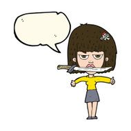 cartoon woman with knife between teeth speech bubble N25