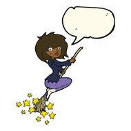 cartoon witch riding broomstick with speech bubble N15