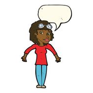 cartoon woman wearing goggles with speech bubble N8
