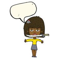 cartoon woman with knife between teeth speech bubble N26