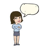 cartoon happy woman looking over with speech bubble N7