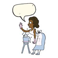 cartoon housewife washing up with speech bubble N7