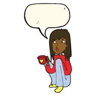 cartoon woman sitting with cup of coffee speech bubble N8