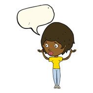 cartoon woman raising hands in air with speech bubble N15