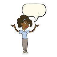 cartoon woman raising hands in air with speech bubble N16