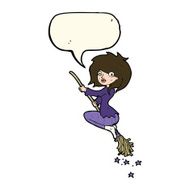 cartoon witch riding broomstick with speech bubble N16
