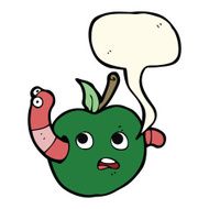 cartoon worm in apple with speech bubble N4
