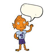 cartoon waving fish boy with speech bubble N8