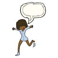cartoon woman kicking off sock with speech bubble N7