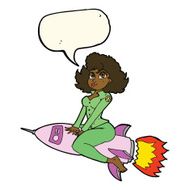 cartoon army pin up girl riding missile with speech bubble N8