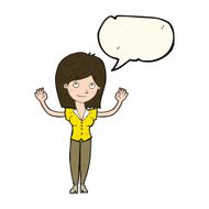 cartoon woman holding up hands with speech bubble N15