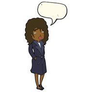 cartoon woman in trench coat with speech bubble N19