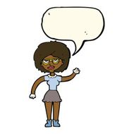 cartoon waving woman wearing spectacles with speech bubble N8