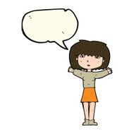 cartoon woman raising arms in air with speech bubble N7