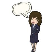 cartoon woman in trench coat with speech bubble N20