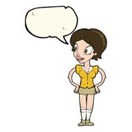 cartoon happy woman in short skirt with speech bubble N4