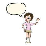 cartoon waving woman with speech bubble N102