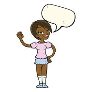 cartoon waving woman with speech bubble N104