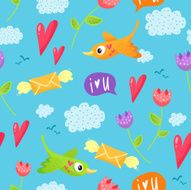 Romantic seamless pattern with birds hearts flowers clouds s