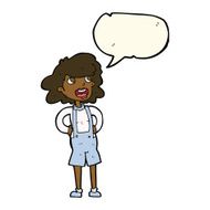 cartoon woman in dungarees with speech bubble N7