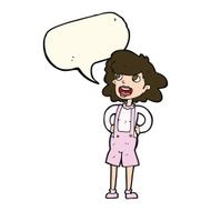 cartoon woman in dungarees with speech bubble N8