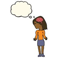 cartoon clever woman shrugging shoulders with speech bubble N7