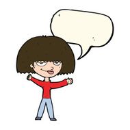 cartoon smug woman with speech bubble N16