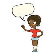 cartoon waving woman with speech bubble N118