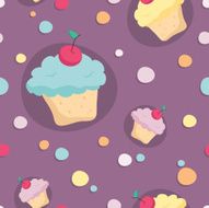 Seamless pattern with cupcakes and circles on purple background