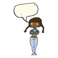 cartoon offended woman covering herself with speech bubble N8
