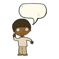cartoon boy giving peace sign with speech bubble N7