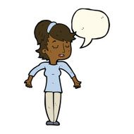 cartoon friendly woman shrugging shoulders with speech bubble N8
