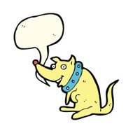cartoon happy dog in big collar with speech bubble N8