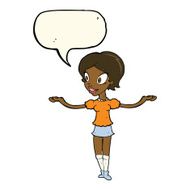 cartoon woman with arms spread wide speech bubble N8