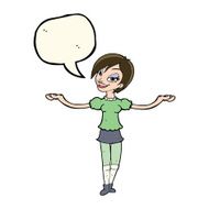 cartoon woman making open arm gesture with speech bubble N7
